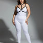 Plus-size multi-colour elastic body harness set worn over a white bodysuit with black vegan straps by HarnessClub