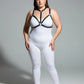Plus-size elastic body harness set with black straps worn over a white bodysuit