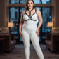 Plus-size elastic body harness set with black straps over a white bodysuit worn by a model.