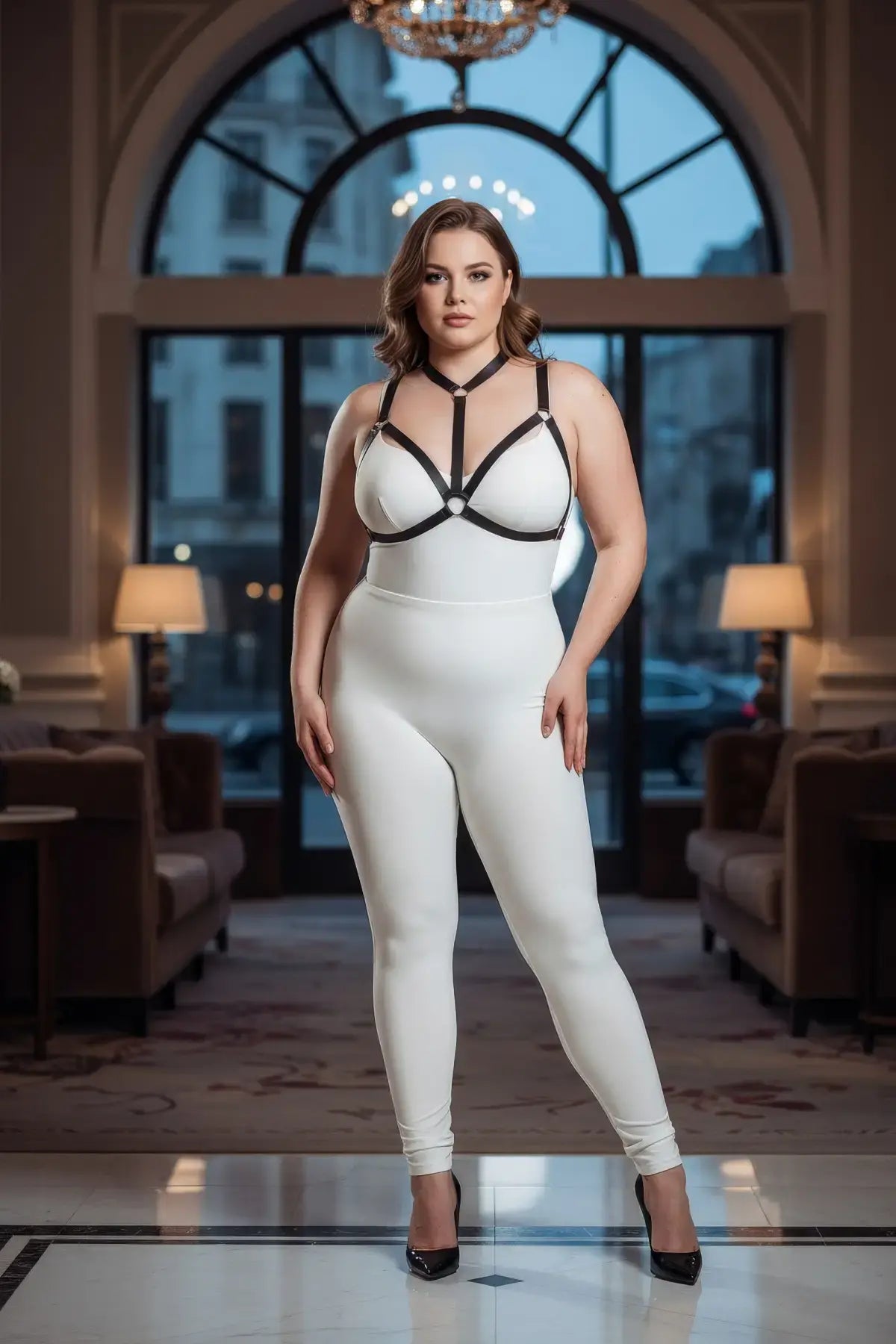 Plus-size elastic body harness set with black straps over a white bodysuit worn by a model.
