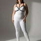 Plus-size black elastic body harness set worn over a white bodysuit with a choker-style collar and strappy design