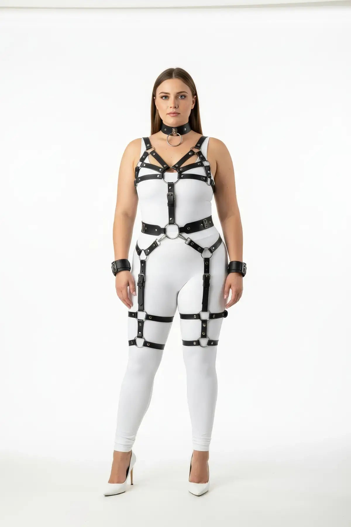Plus-Size Multi-Strap Body Harness Set with Wrist Cuffs and Garter by HarnessClub in black vegan leather