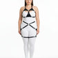 Plus-size O-ring bralette harness with crossover hip garter; black vegan leather straps over a white bodysuit.