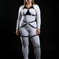 Plus-size O-ring bralette harness two-piece vegan leather set on white bodysuit with black crossover straps