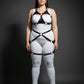 Plus Size O-Ring Bralette Harness with Crossover Hip Garter by HarnessClub, black vegan leather straps on white bodysuit