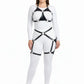 Plus-size O-ring bralette harness with crossover hip garter on white bodysuit, black vegan leather straps.