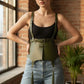 Plus size olive tassel suspender corset belt in vegan leather with shoulder straps by HarnessClub