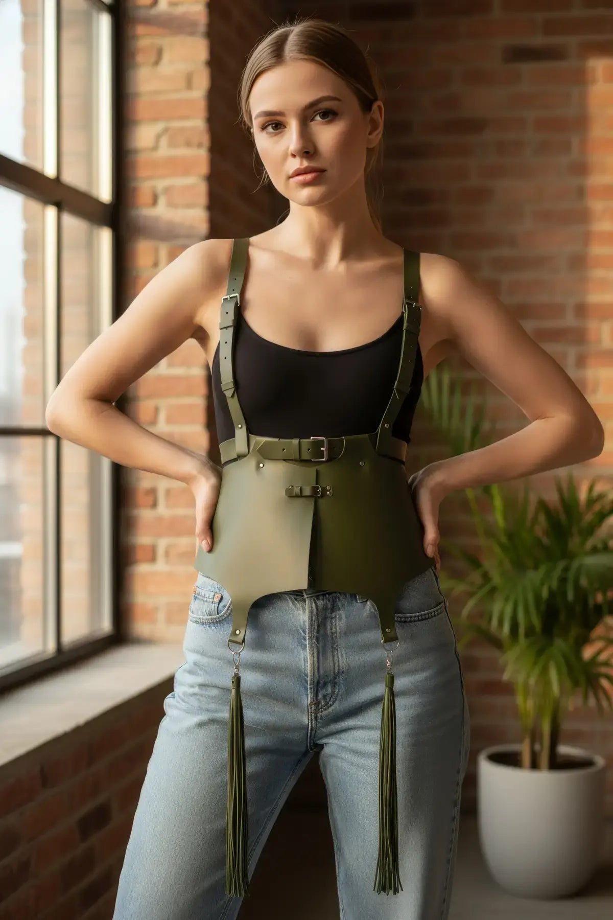 Plus size olive tassel suspender corset belt in vegan leather with shoulder straps by HarnessClub