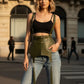 Plus size olive tassel suspender corset belt; olive vegan-leather harness with long tassels.
