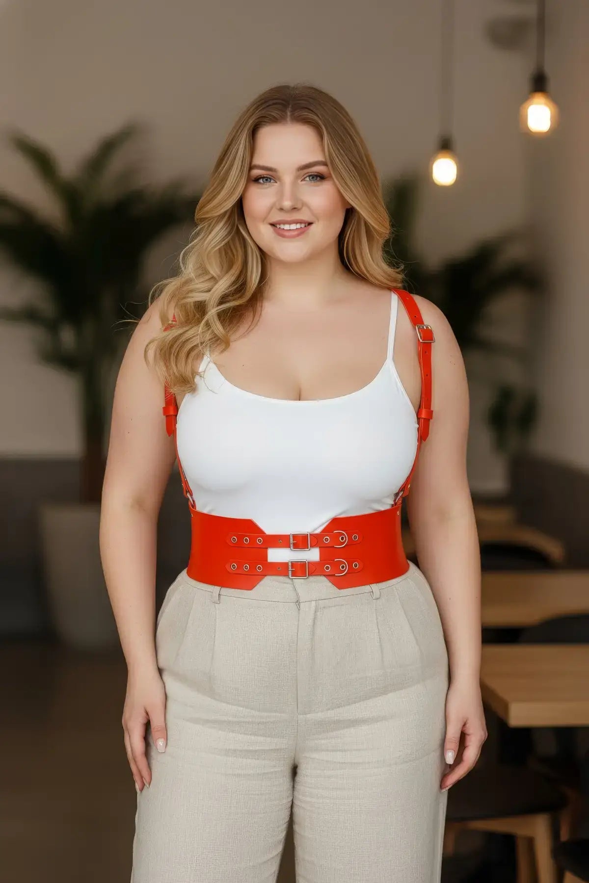 Plus Size Orange Leather Strappy Corset-Look Double-Buckle Belt by HarnessClub