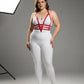 Plus size red adjustable faux leather body harness by HarnessClub worn over a white bodysuit.