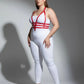 Plus Size Red Adjustable Faux Leather Body Harness Set by HarnessClub, modeled over a white bodysuit