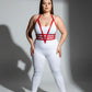Plus Size Red Adjustable Faux Leather Body Harness Set by HarnessClub worn over a white bodysuit.