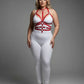 Plus-size red adjustable full-body faux-leather harness set with chest and torso straps