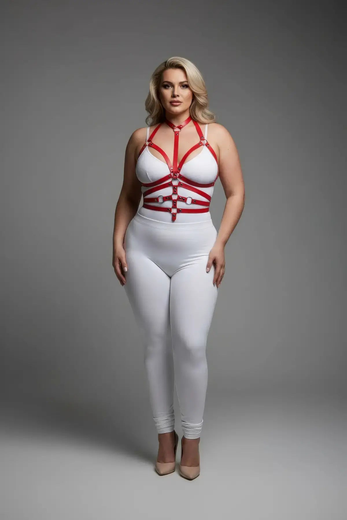 Plus-size red adjustable full-body faux-leather harness set with chest and torso straps