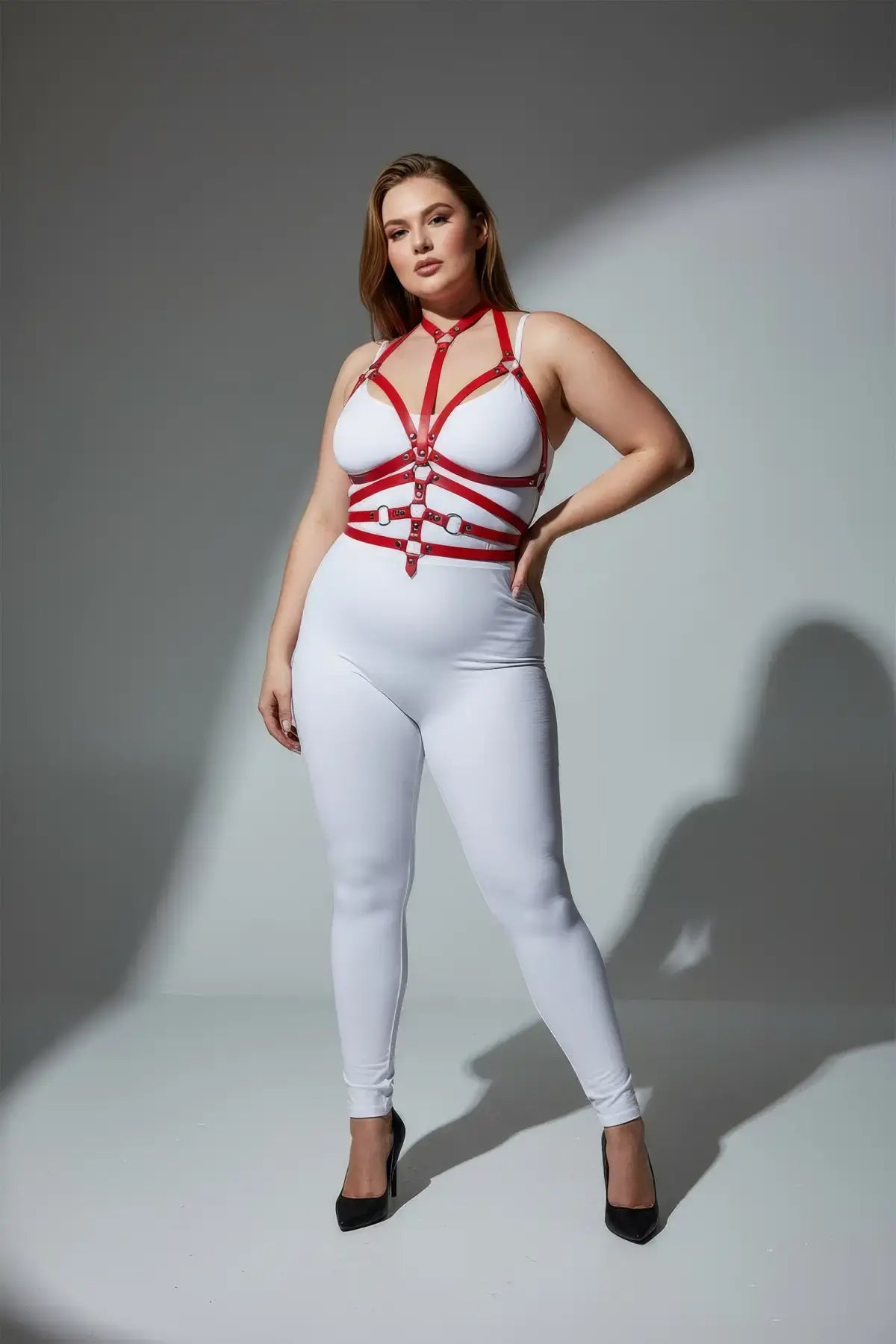 Plus Size Red Adjustable Full-Body Faux Leather Harness by HarnessClub, body accessory set.