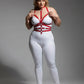 Plus-Size Red Adjustable Full-Body Faux Leather Harness worn over white bodysuit by HarnessClub