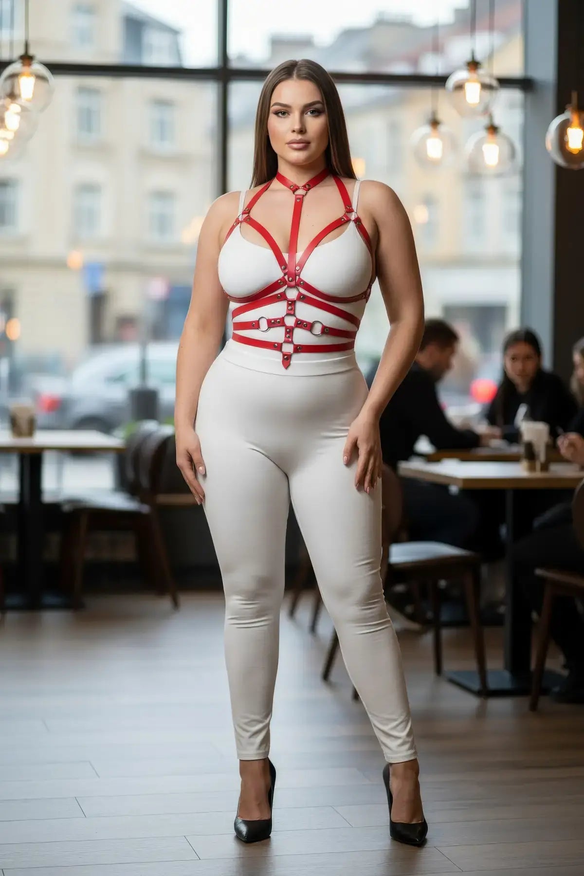 Plus Size red adjustable full-body faux leather harness by HarnessClub worn over white bodysuit