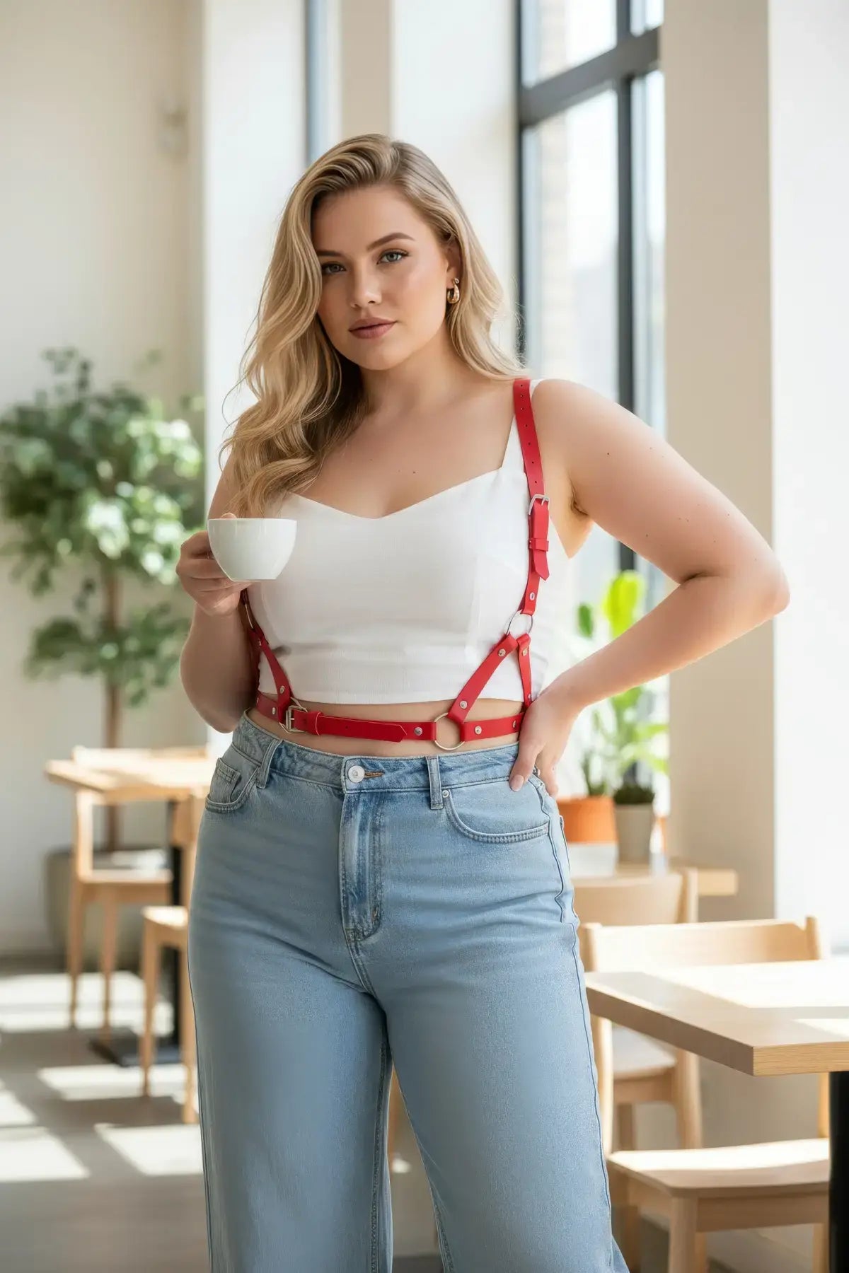Plus Size Red Adjustable Strappy Leather Body Belt by HarnessClub