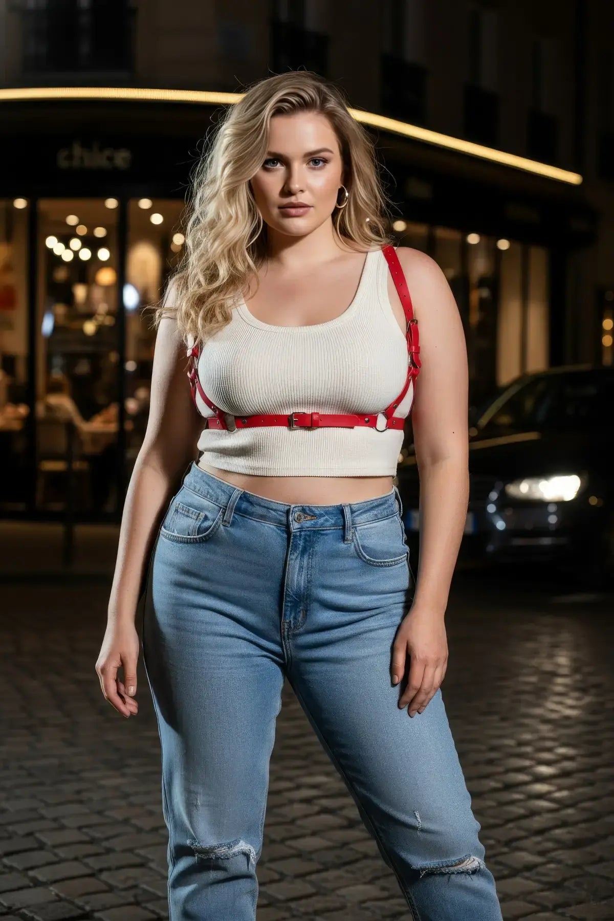 Plus-size red adjustable strappy leather body belt worn over a white ribbed tank top by HarnessClub.