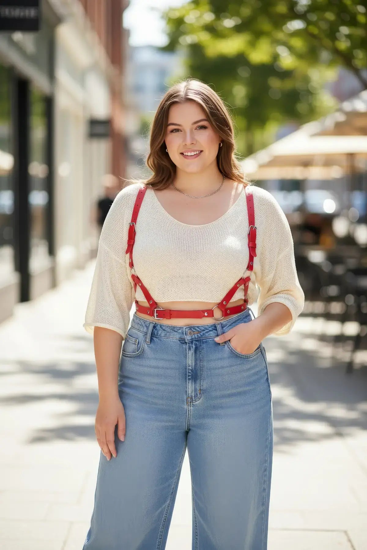 Plus Size Red Adjustable Strappy Leather Body Belt by HarnessClub.