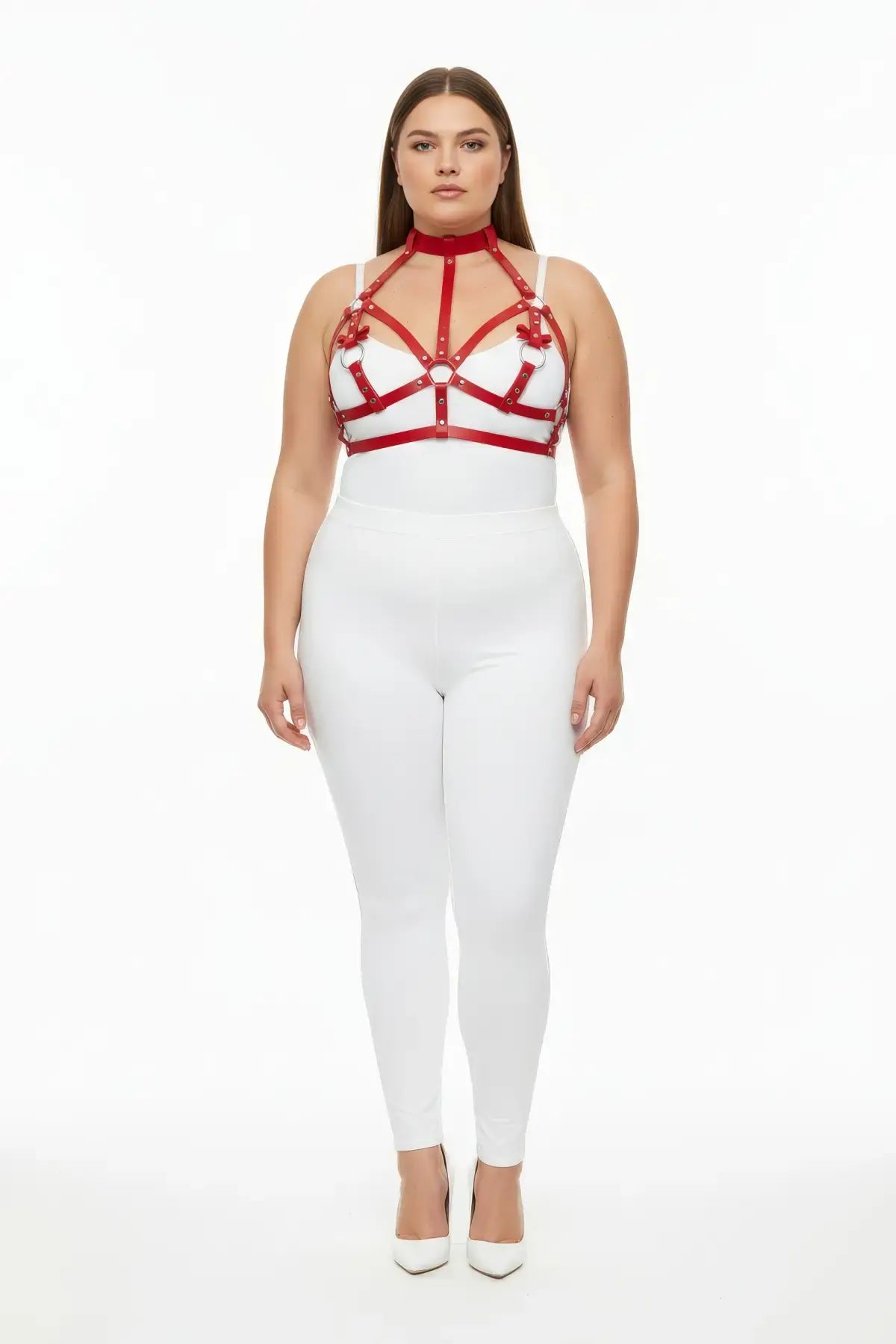 Plus size red bow-accent vegan-leather bralette harness and collar by HarnessClub