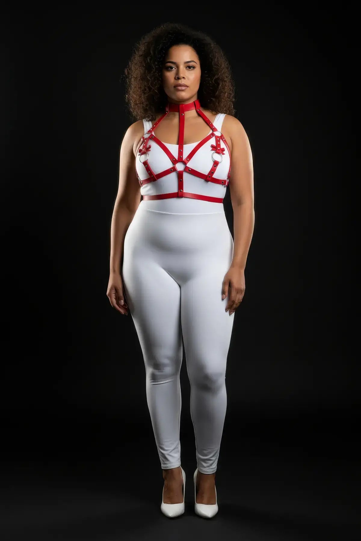 Plus Size Red Bow-Accent Chest Bralette Harness & Collar vegan leather by HarnessClub