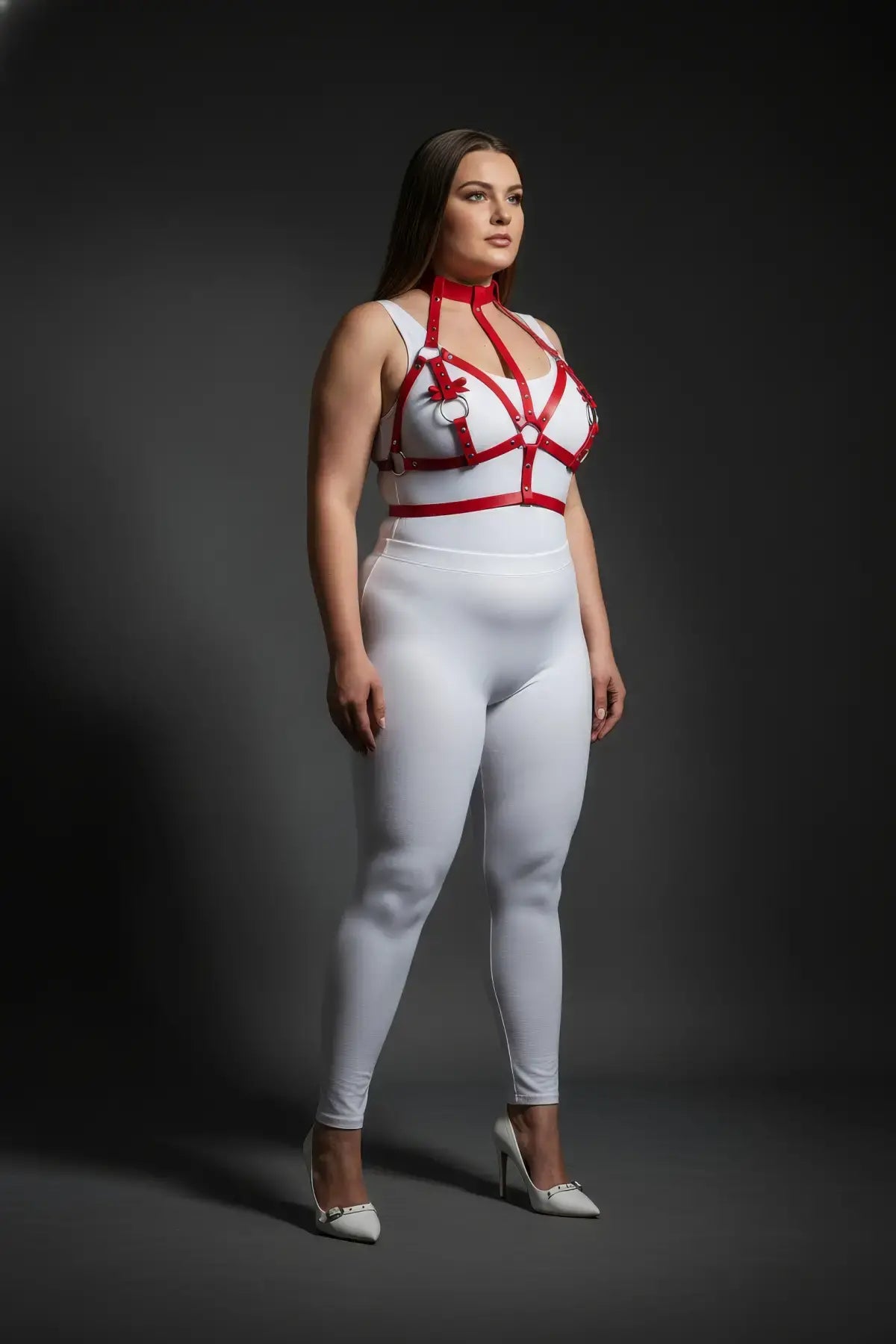 Plus size red bow-accent chest bralette harness and collar in vegan leather by HarnessClub