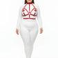 Plus-size red bow-accent chest bralette harness and collar, vegan leather body accessory