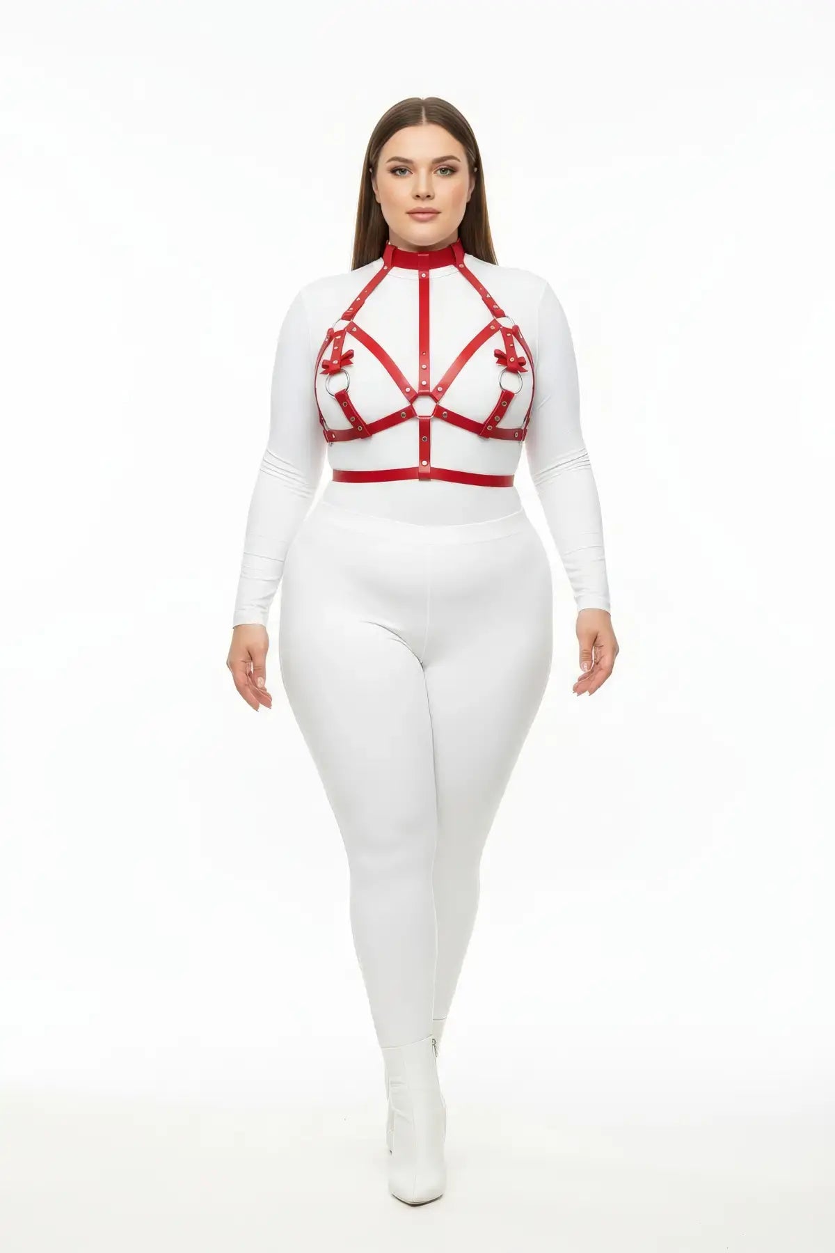 Plus-size red bow-accent chest bralette harness and collar, vegan leather body accessory