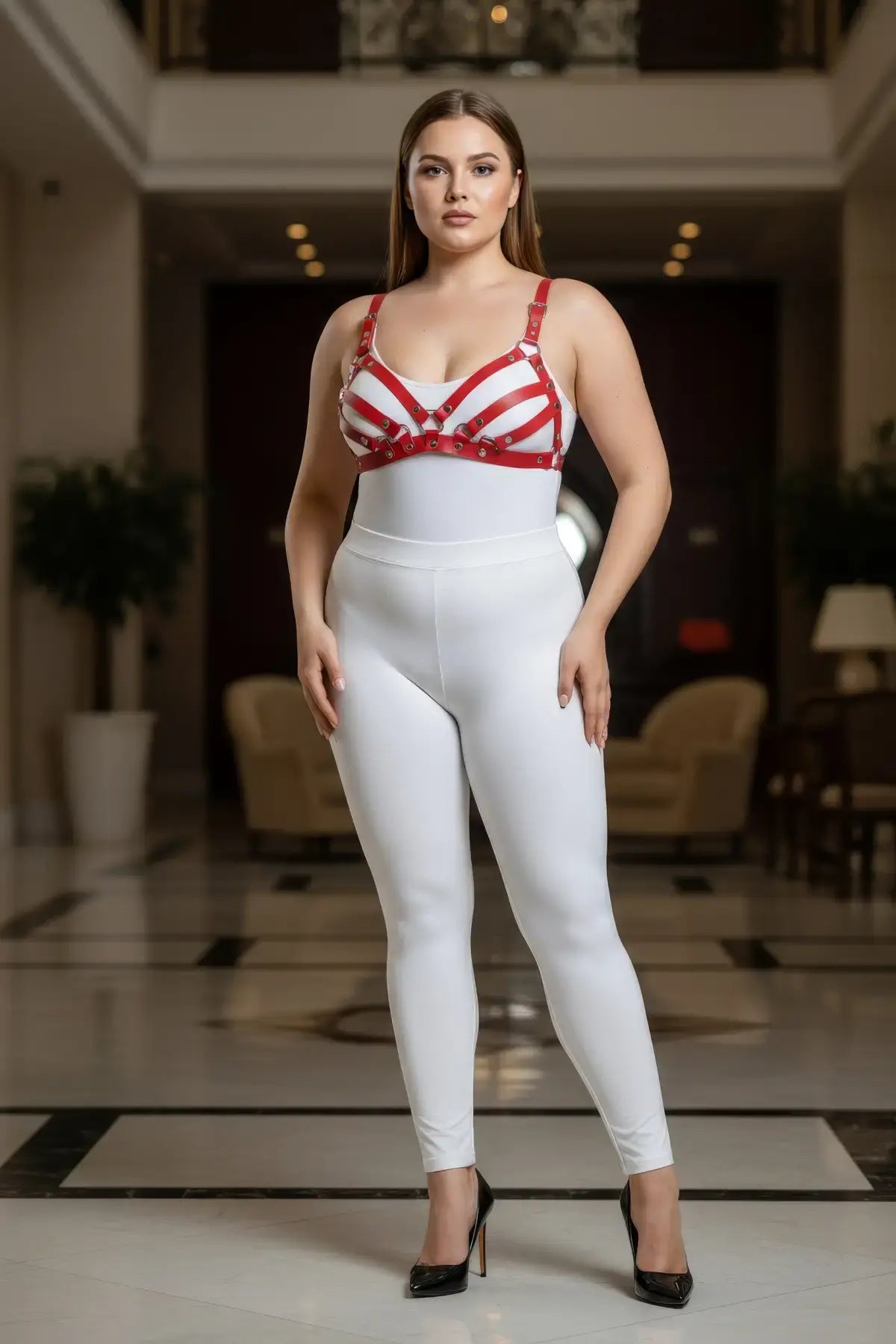 Plus-size red faux-leather harness bra over white bodice, model in white leggings and black heels.