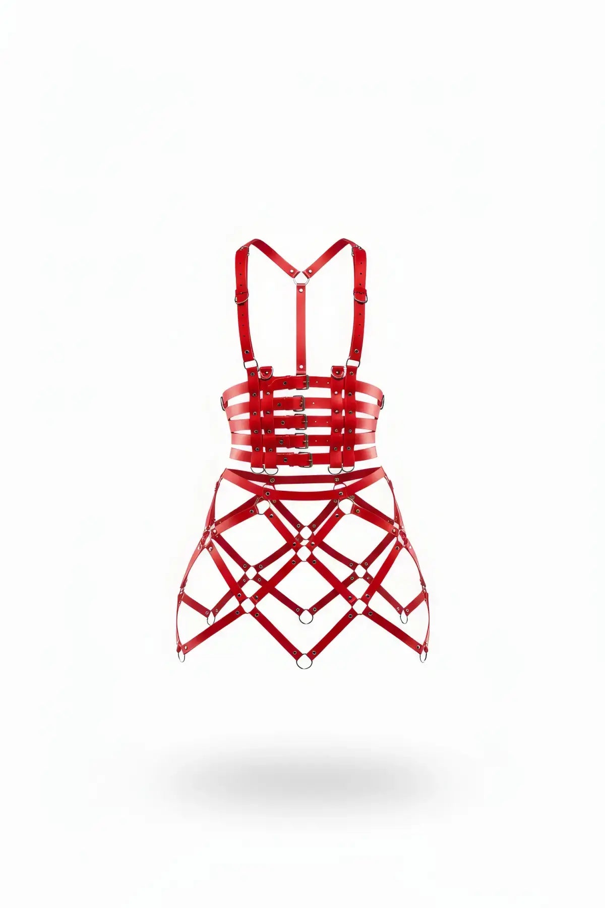 Plus-size red buckled corset and diamond cage mini skirt set in vegan leather by HarnessClub