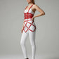 Plus-size red buckled suspender corset body harness with diamond cage skirt over white leggings