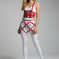 Plus-size red vegan-leather suspender corset with diamond cage harness over a white bodysuit by HarnessClub