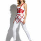 HarnessClub plus-size red vegan leather suspender corset with diamond cage harness over white pants.