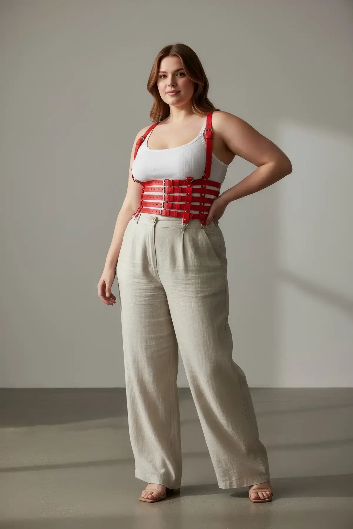 Plus-size red cage suspender corset harness in vegan leather worn over a white tank top by HarnessClub