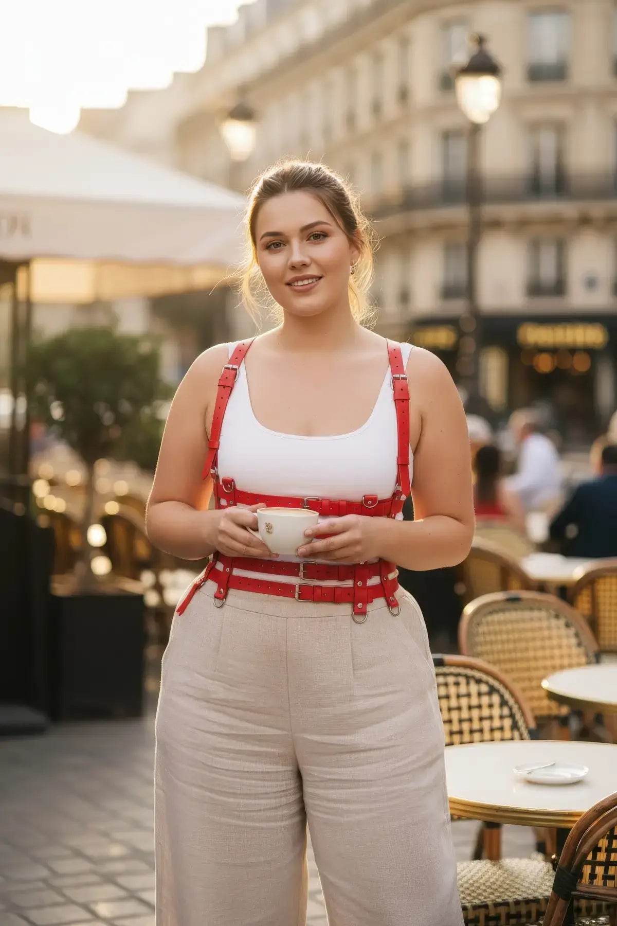 Plus-Size red vegan-leather cage suspender corset harness by HarnessClub worn on a model at a cafe, showing buckles.