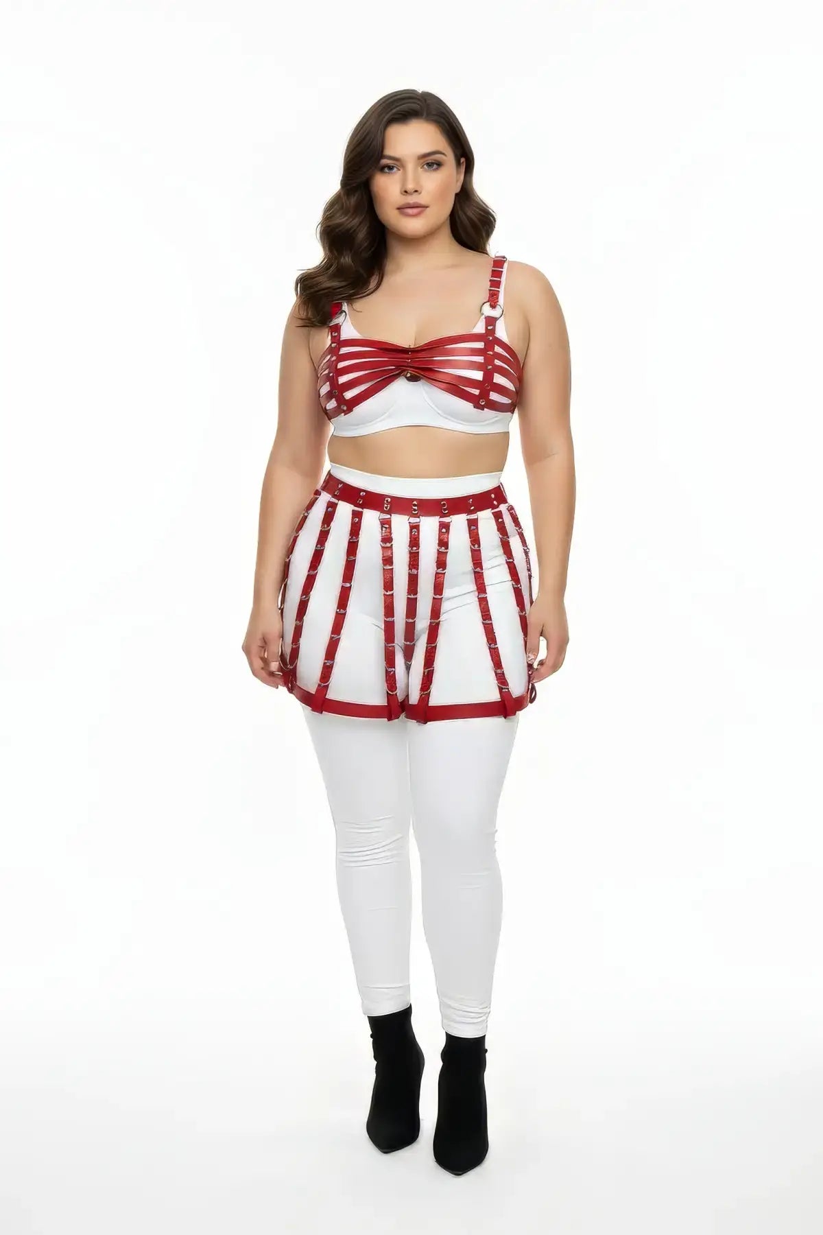 Plus-size red vegan-leather caged bralette and skirt harness set, two-piece by HarnessClub.