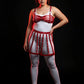 Plus-size red vegan-leather bralette and caged skirt harness set