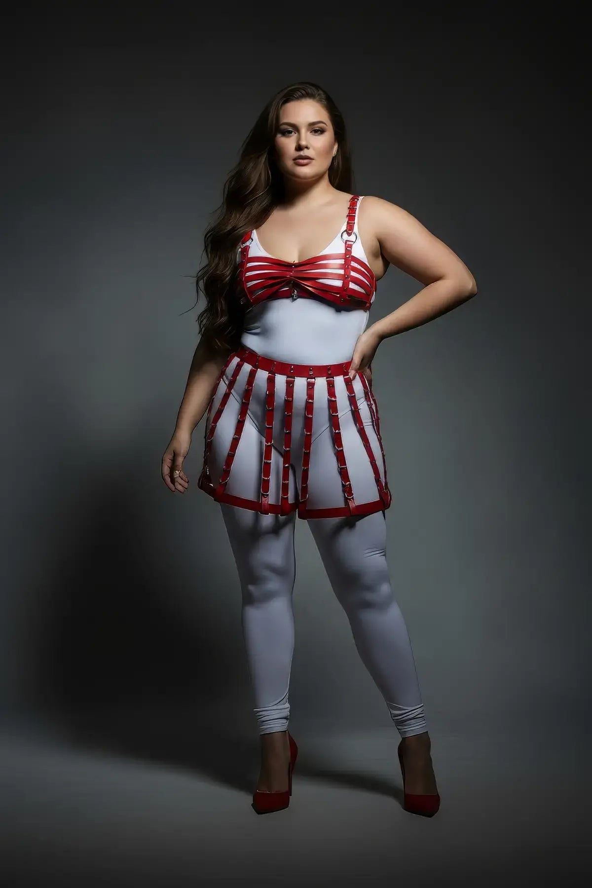 Plus-size two-piece red cage bralette and skirt harness set in vegan leather