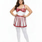 Plus-size red caged bralette and skirt harness set in vegan leather, two pieces by HarnessClub with bold cage straps