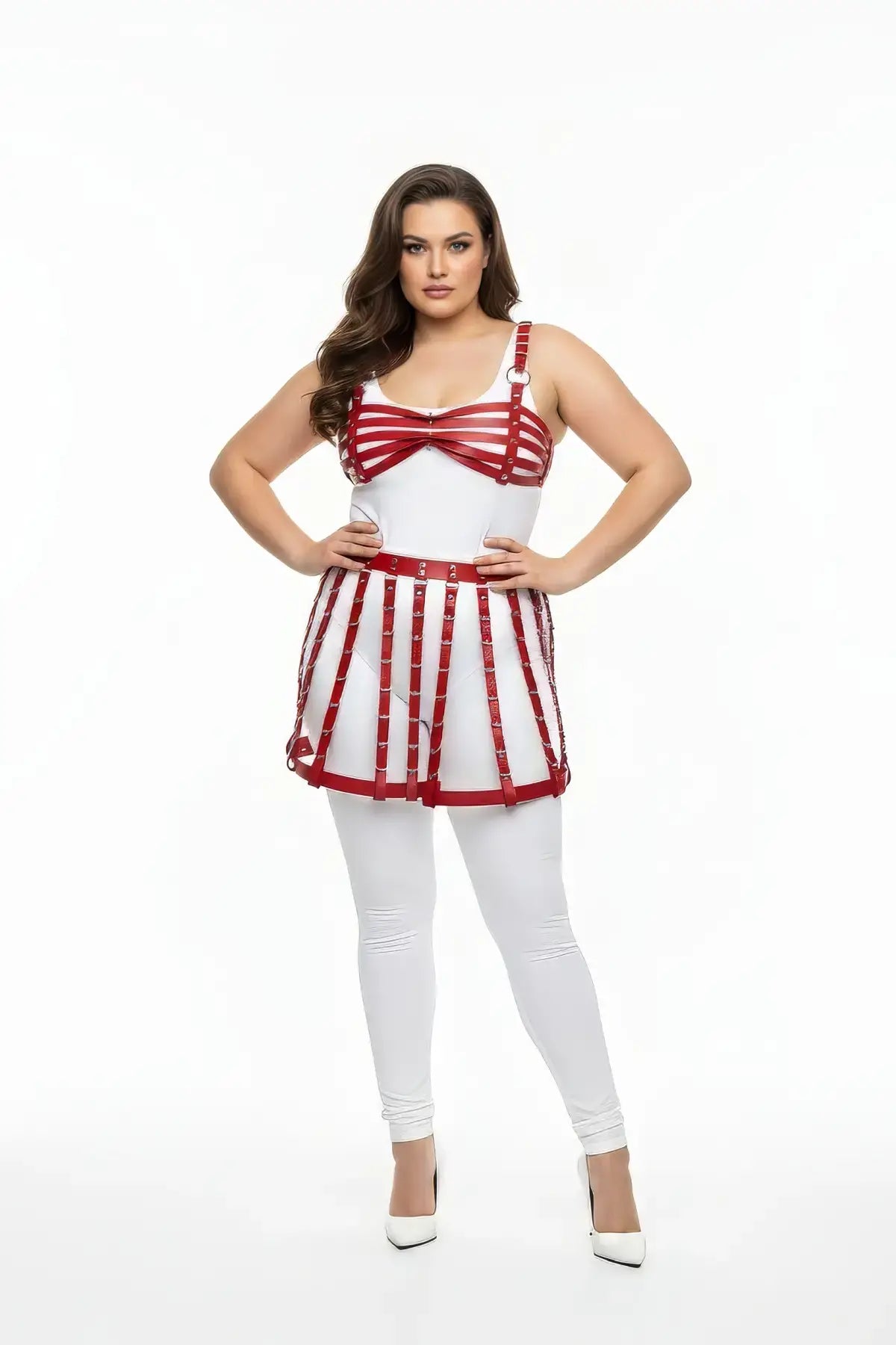 Plus-size red caged bralette and skirt harness set in vegan leather, two pieces by HarnessClub with bold cage straps