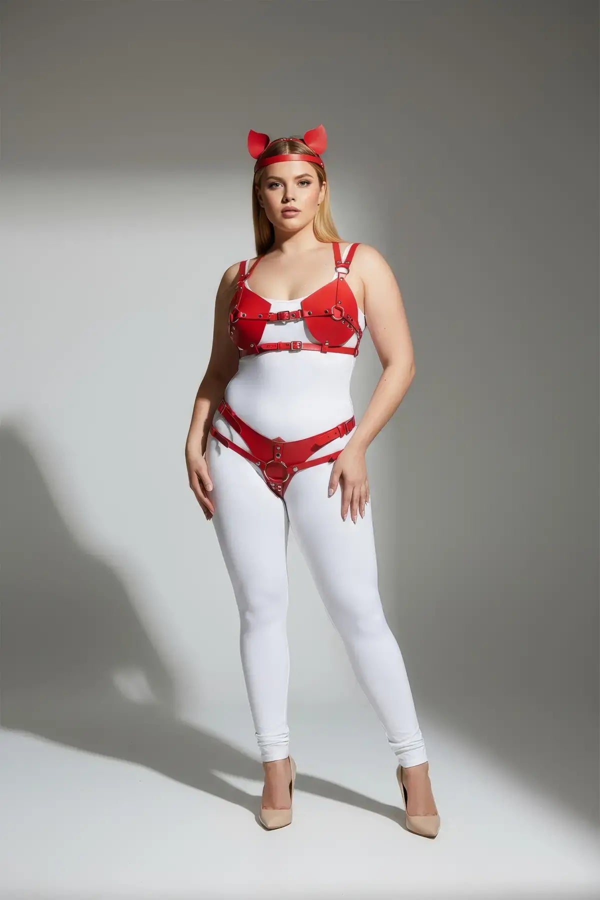 Plus Size Red Cat-Ear Faux Leather Harness Set with headband and body straps