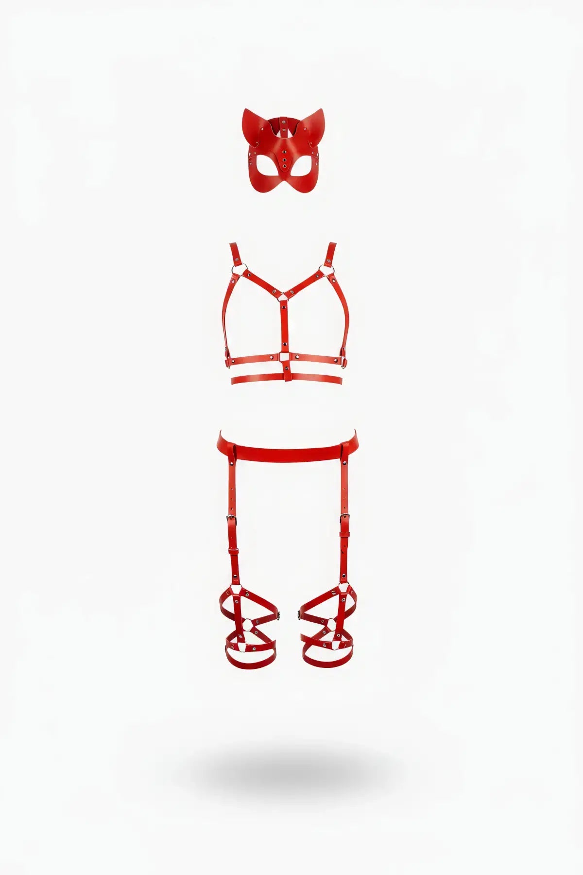 Plus Size Red Cat Mask Bralette & Garter Three-Piece Harness Set by HarnessClub, vegan leather