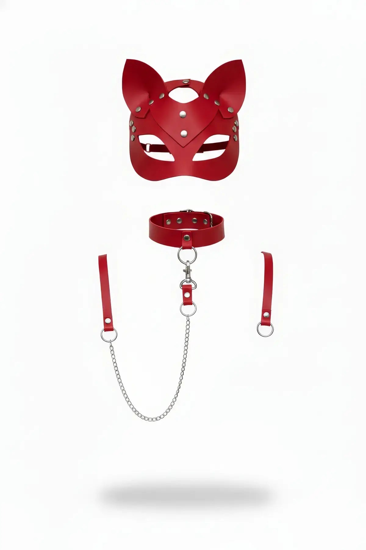 HarnessClub three-piece red cat mask with chain-leash choker and wrist cuffs; vegan leather body accessory set
