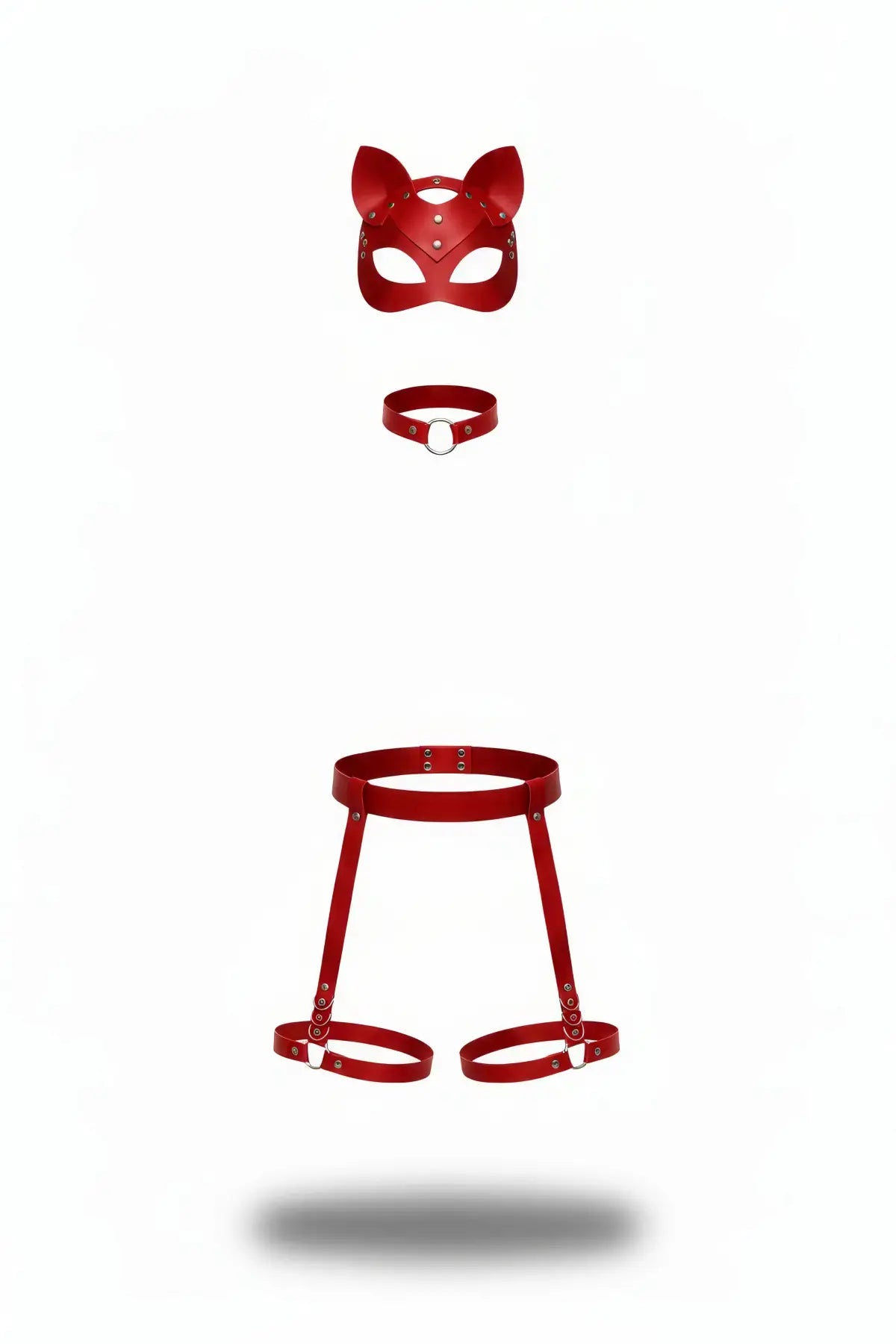 Plus size red cat mask, choker and thigh garter three-piece vegan leather harness set by HarnessClub