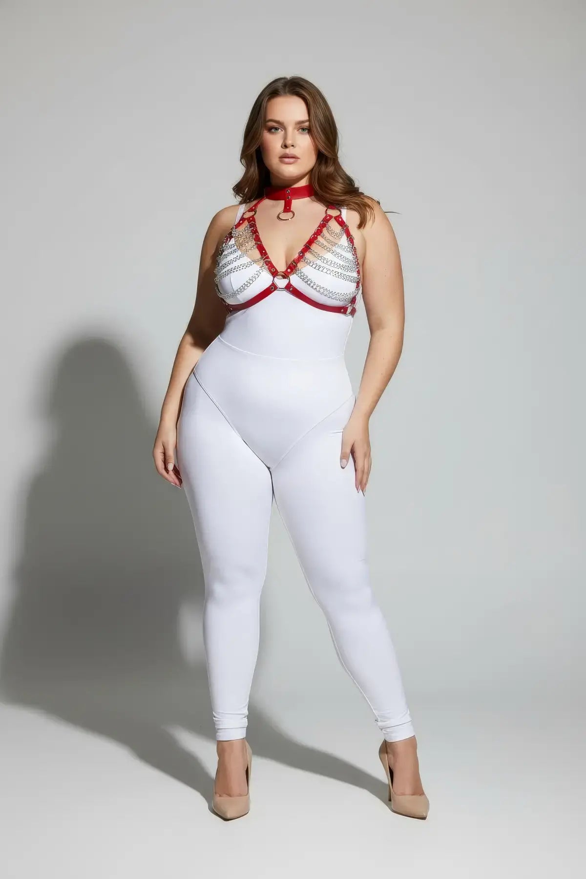 Plus-Size Red Chain and Choker Collar Faux Leather Fantasy Harness by HarnessClub on white bodysuit