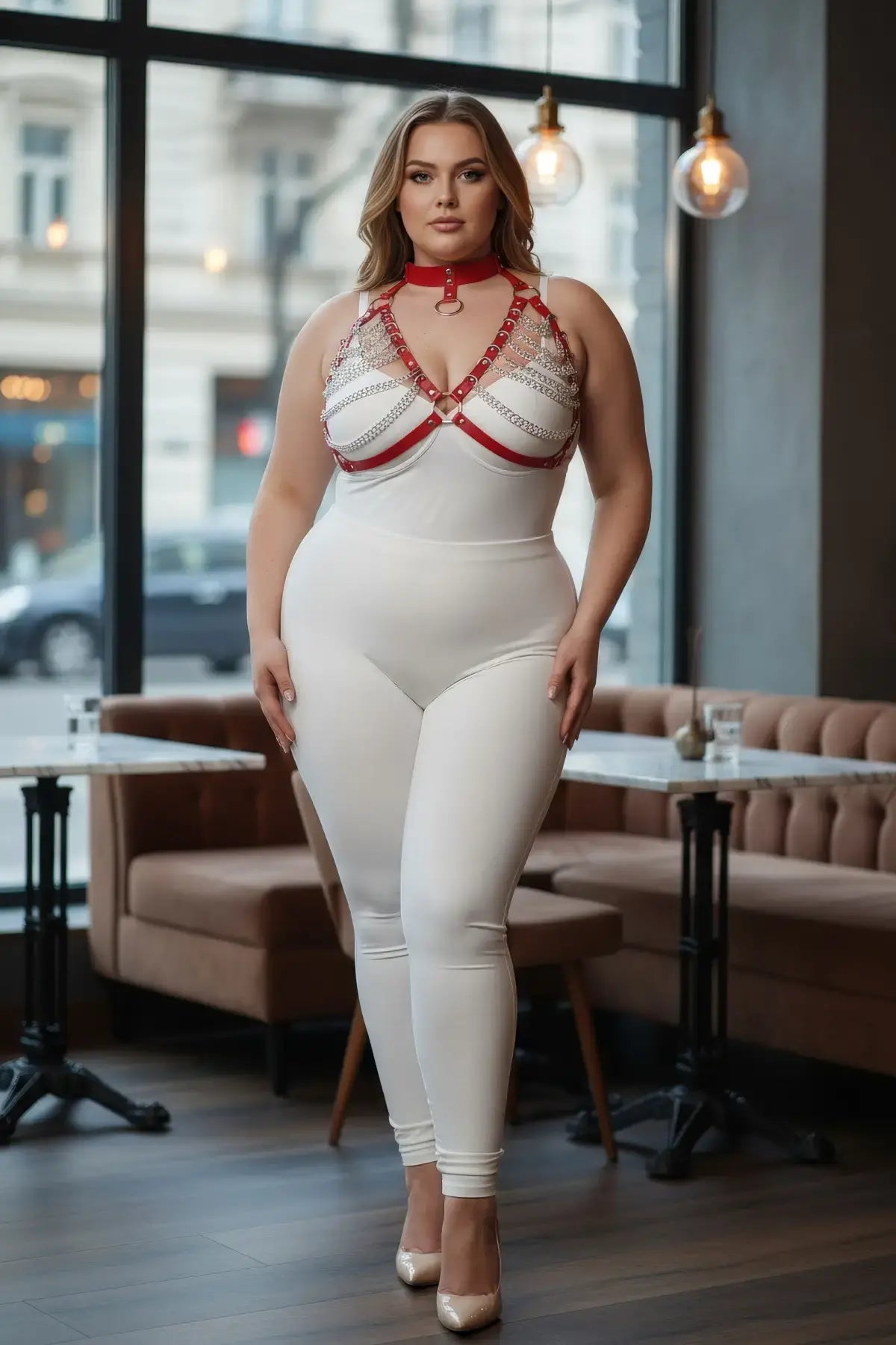 Plus-size red chain and choker collar faux leather fantasy harness worn over white bodysuit; HarnessClub.