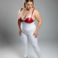 Plus size red faux-leather chest harness with chain detail worn over a white bodysuit