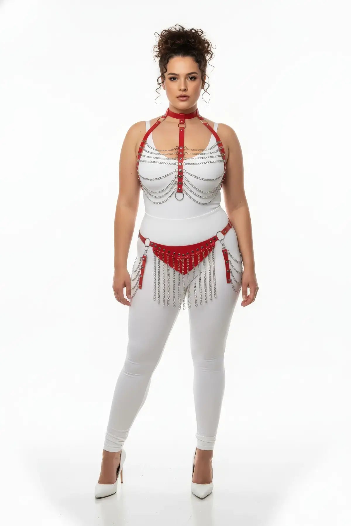 Plus-size red chain bib and fringe belt harness set by HarnessClub, vegan leather body accessory.